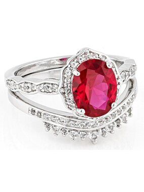 JTV Red Ruby And White Sapphire Sterling Silver Ring Set Size 8 Perfect Gift